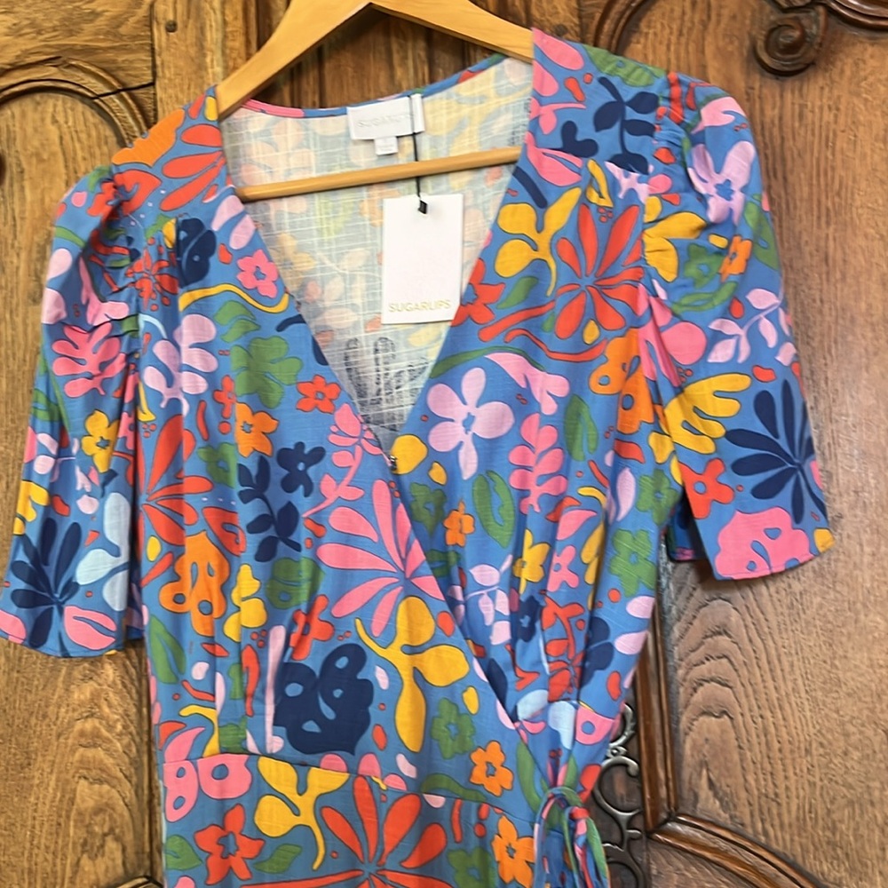 Sugarlips Floral Short Sleeve Wrap Maxi Dress - Blue Multicolor Size Small NWT - Picture 8 of 15